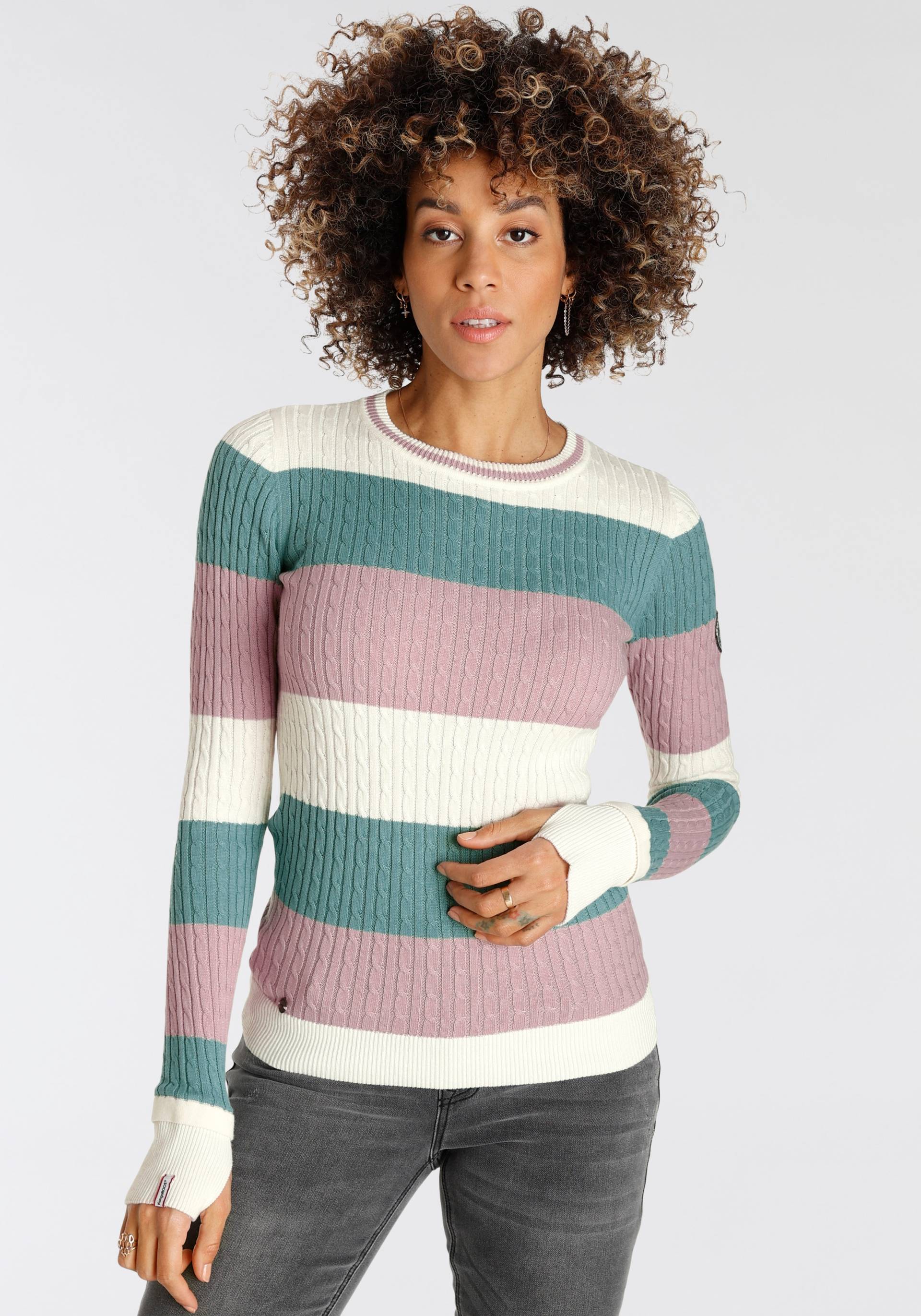 KangaROOS Rundhalspullover, mit modischen Blockstreifen & trendigem Strickmuster KangaROOS Rundhalspullover, mit modischen Blockstreifen & trendigem Strickmuster von KangaROOS