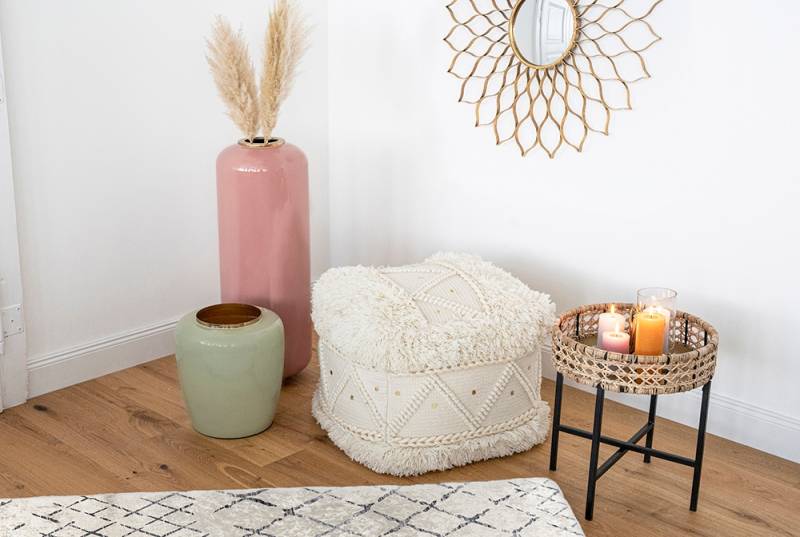 Kayoom Pouf »Bohist 525 50cm x 50cm, Strukturen mit Fransen und Quasten«, (1 St.), handgefertigt, Unikat, sehr gut kombinierbar, vielfältig im Einsatz von Kayoom