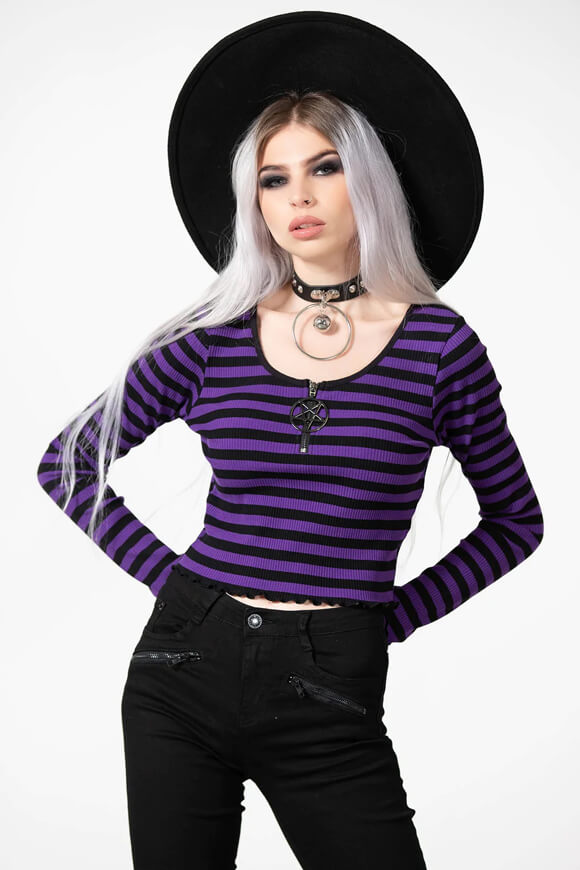 Killstar Geripptes Crop Langarmshirt | Schwarz + Lila | Damen  | XS von Killstar