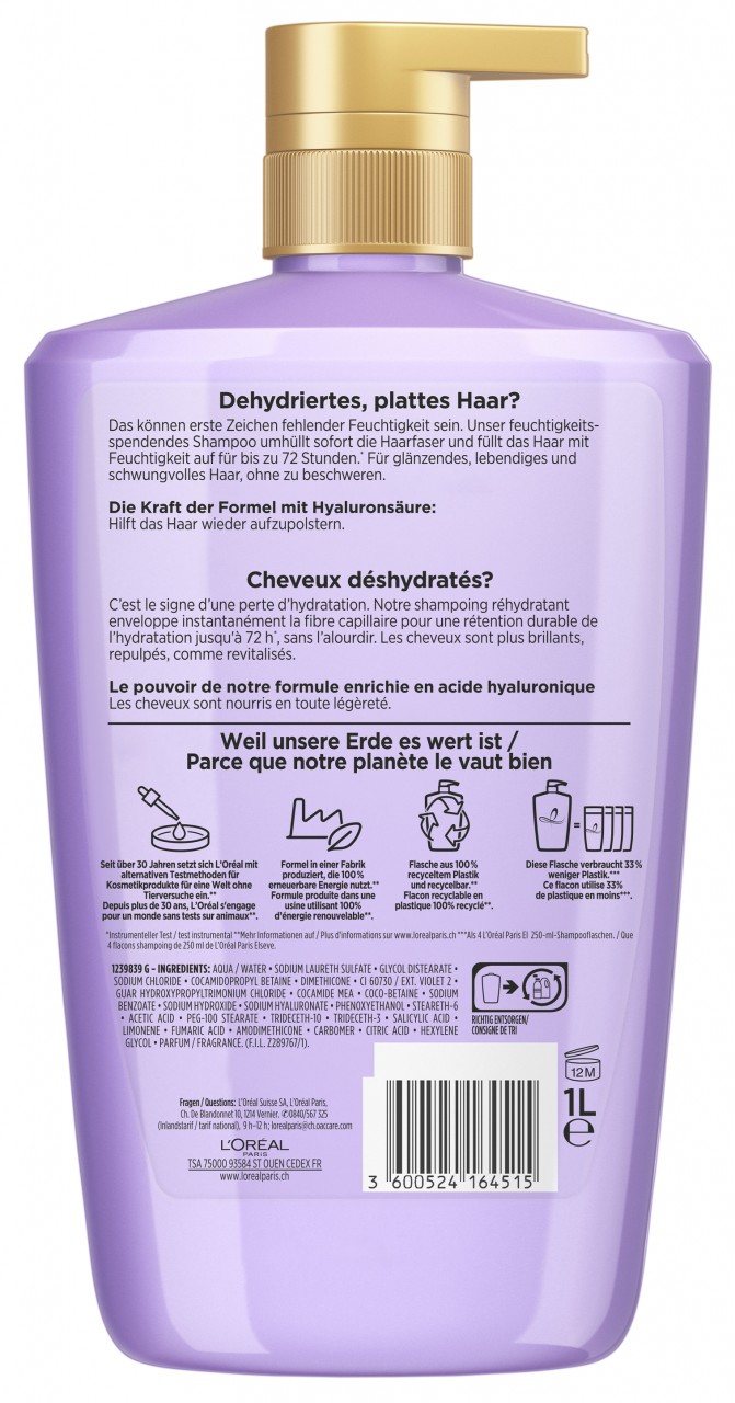L'Oréal Elseve Haircare - Hydra [Hyaluronic] Feuchtigkeits-Auffüllendes Shampoo, 1 Liter Format von L'Oréal Paris