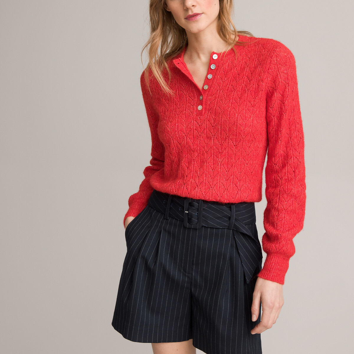 Pullover, runder Ausschnitt mit Knopfleiste, Pointelle-Strick von LA REDOUTE COLLECTIONS