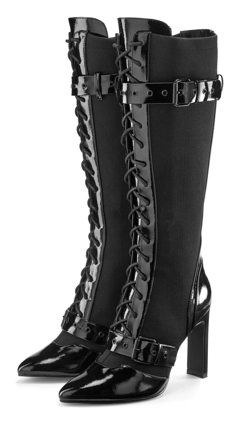 LASCANA Belle Affaire High-Heel-Stiefel »Schnürstiefel mit elastischem Schaft«, Erotische Lack-Optik, High-Heel-Stiefelette von LASCANA Belle Affaire