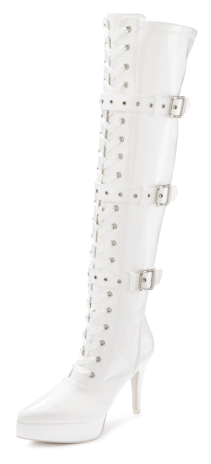 LASCANA Belle Affaire Overkneestiefel »High-Heel-Stiefelette mit Plateau«, erotische Lack-Optik, mit Zierschnallen von LASCANA Belle Affaire