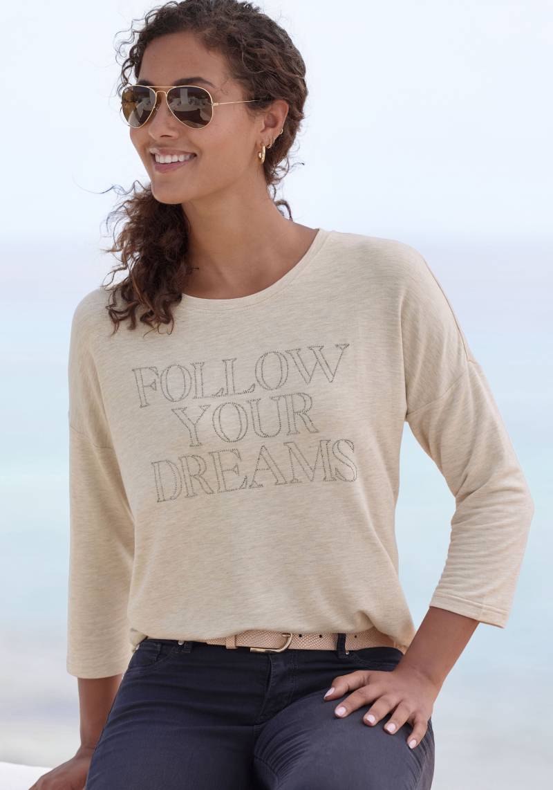 LASCANA 3/4-Arm-Shirt »mit Schriftzug aus Strasssteinen«, aus hochwertiger French Terry-Qualität aus Viskose von LASCANA