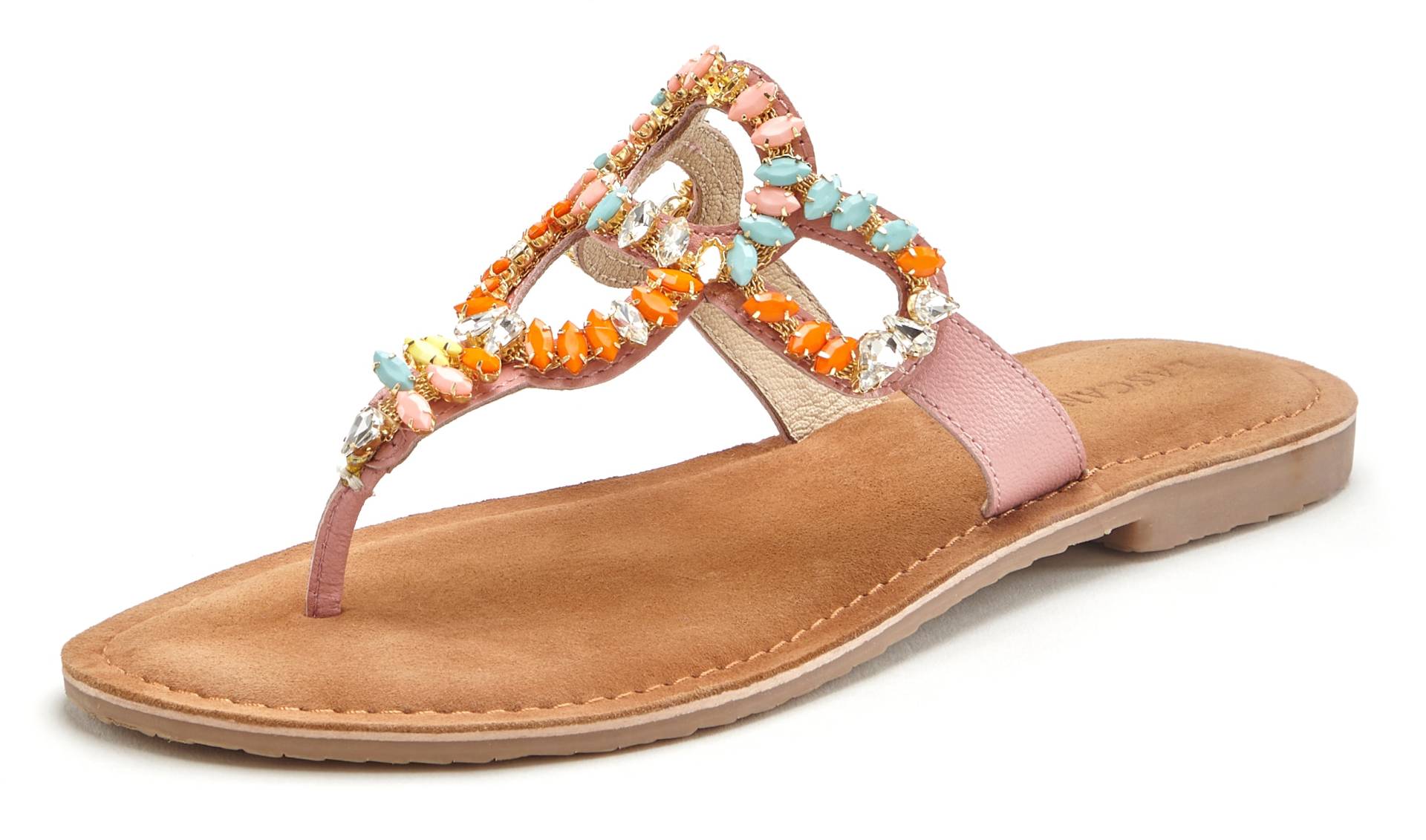 LASCANA Dianette, aus Leder mit bunten Schmuckelementen, Zehenstegpantolette, offener Schuh von LASCANA