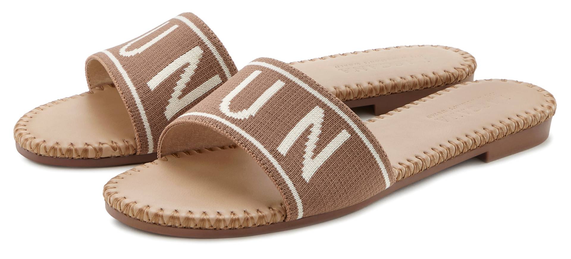 LASCANA Pantolette, Mule, Sandale, offener Schuh aus Textil mit modischem Schriftzug VEGAN LASCANA Pantolette, Mule, Sandale, offener Schuh aus Textil mit modischem Schriftzug VEGAN von LASCANA