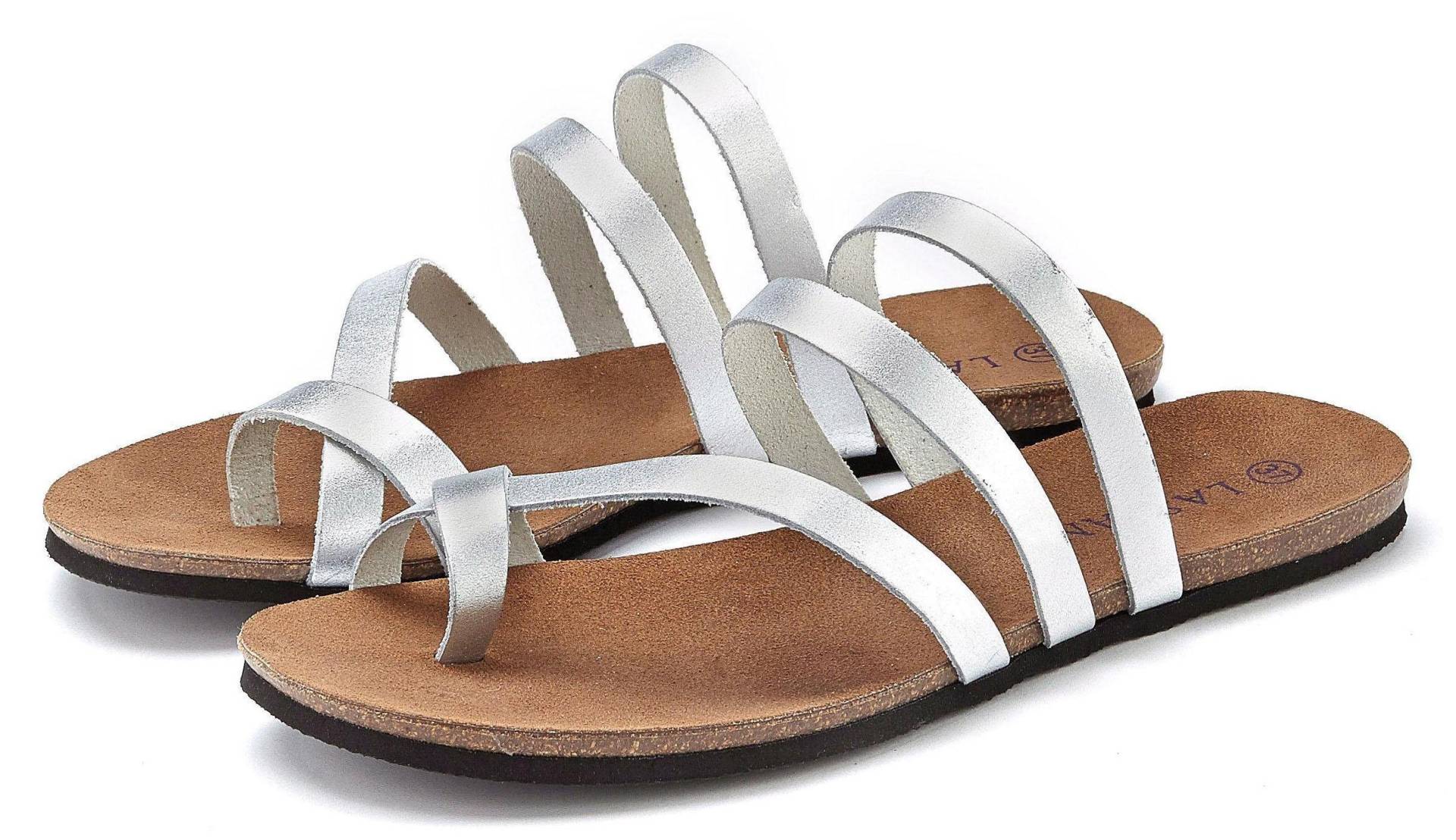 LASCANA Zehentrenner, Sandale, Pantolette aus Leder im Metallic-Look von LASCANA