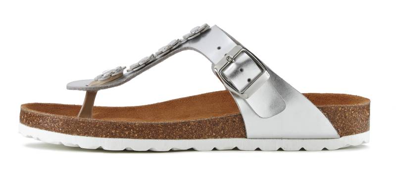 LASCANA Zehentrenner »Sandale, Pantolette, offener Schuh, Sommerschuh,«, mit modischer Applikation und Komfortkorkfussbett aus Leder von LASCANA