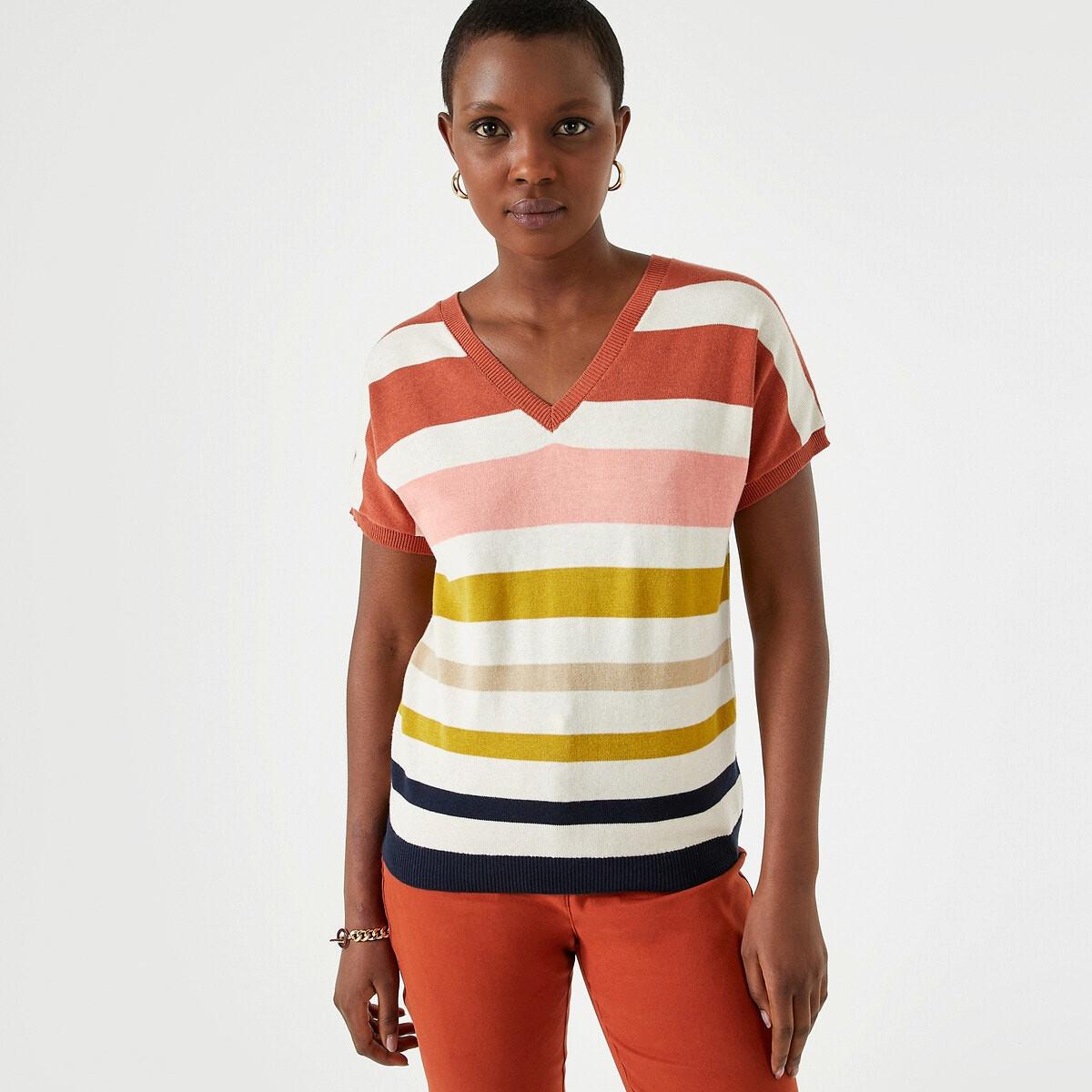 Gestreifter Kurzarm-pullover Mit V-ausschnitt Damen Multicolor 54 von La Redoute Collections