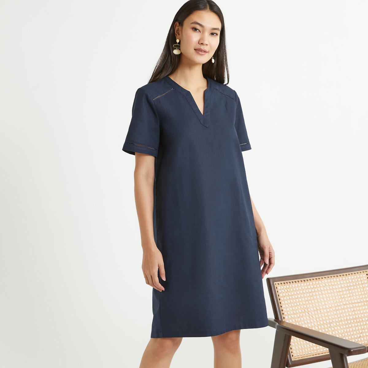 Kurzärmeliges Kleid Aus Halbleinen Damen Blau 36 von La Redoute Collections