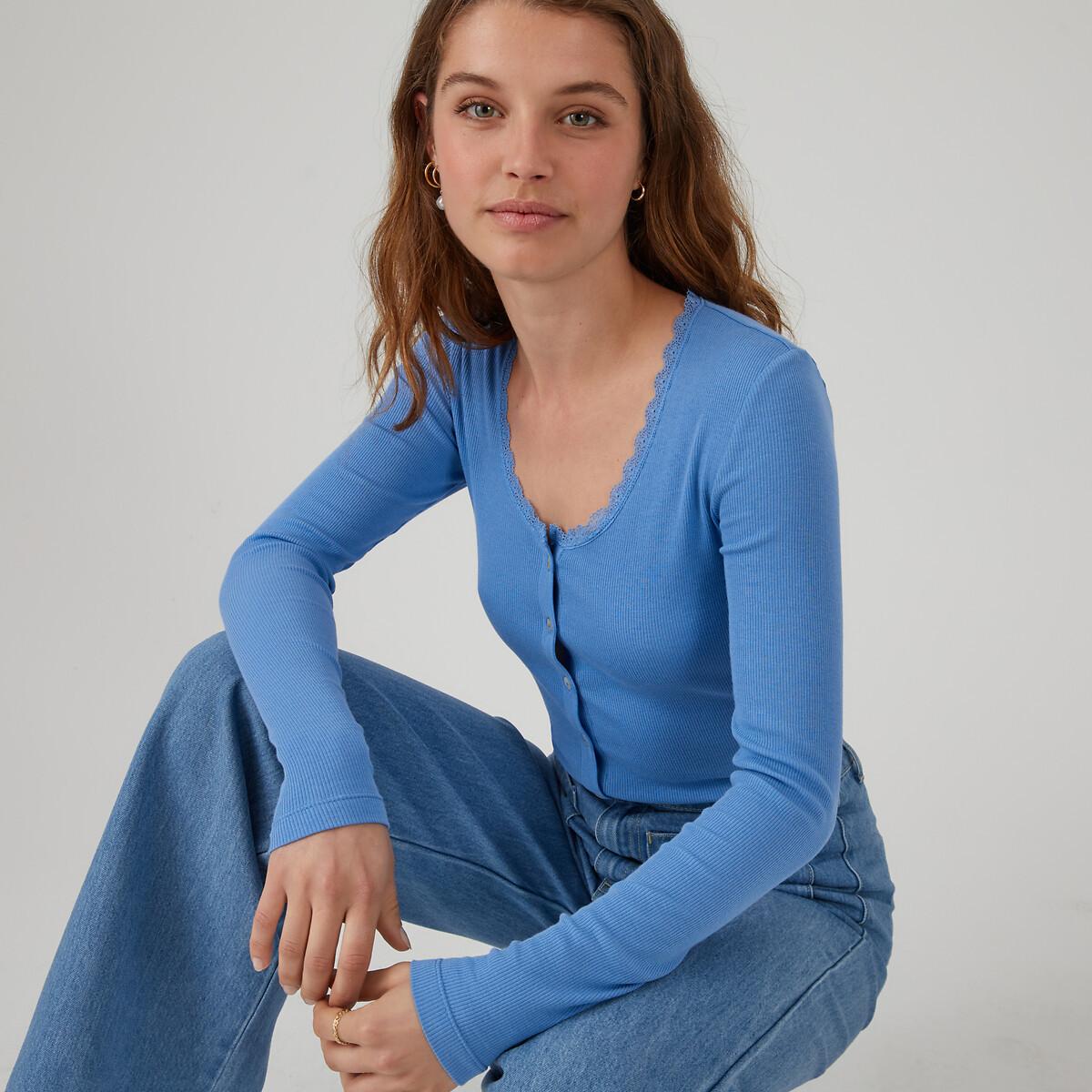 Langarm-shirt Mit Knopfverschluss Und Spitze Damen Blau M von La Redoute Collections