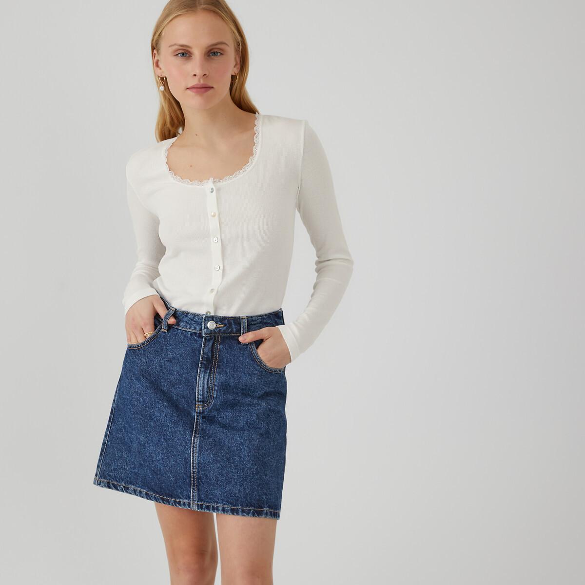 Langarm-shirt Mit Knopfverschluss Und Spitze Damen Weiss M von La Redoute Collections