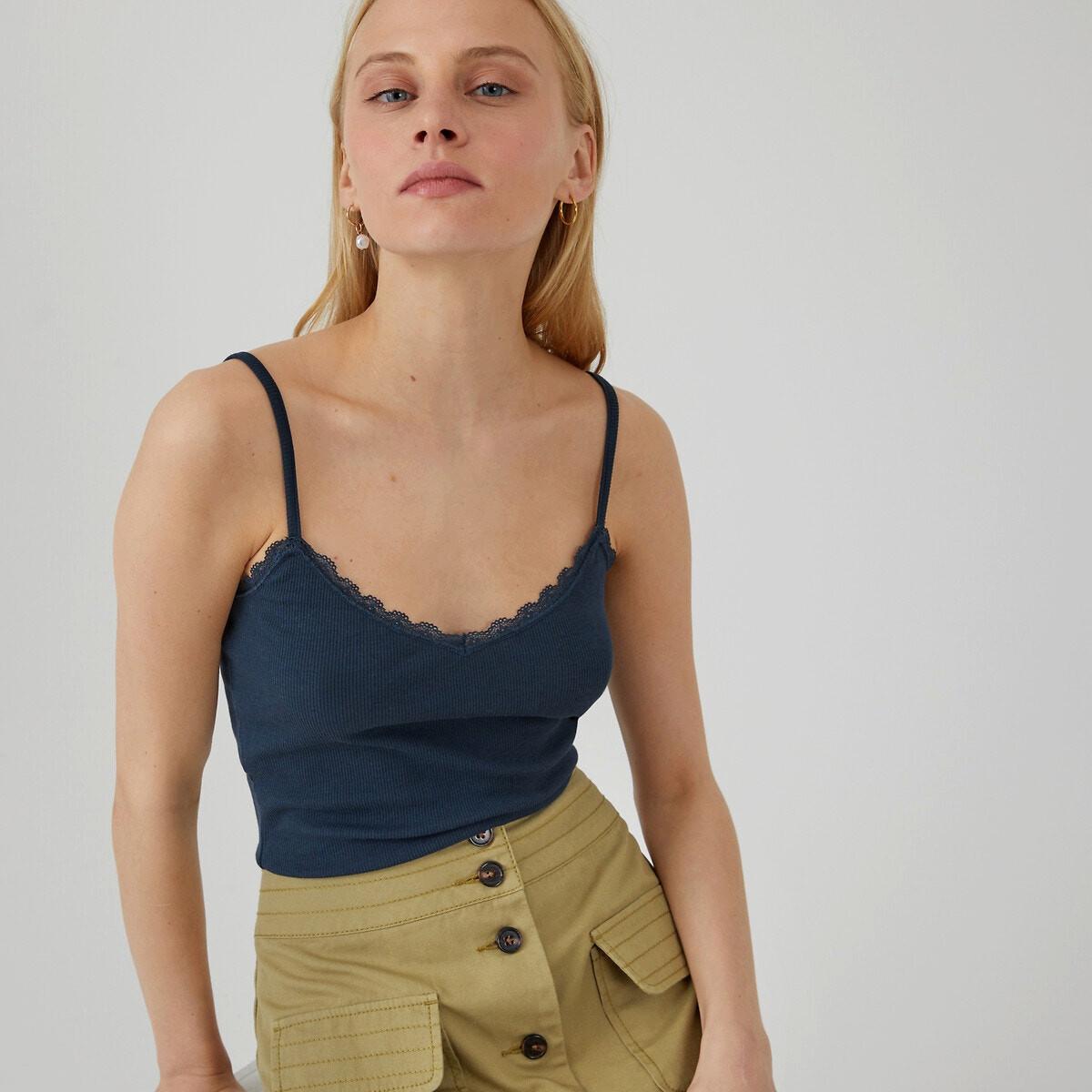 Top Mit Schmalen Trägern Und Spitze Damen Blau M von La Redoute Collections