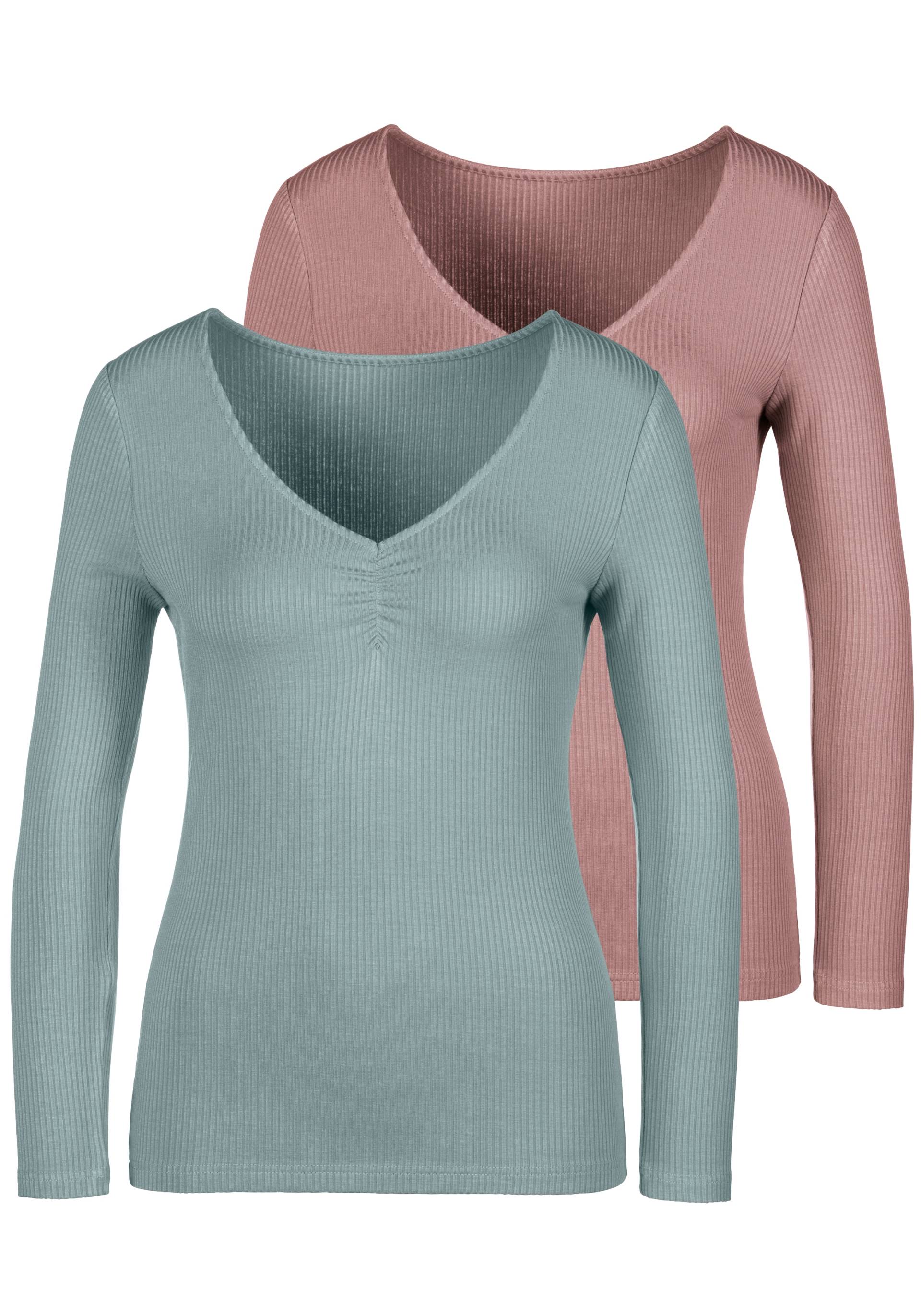 LASCANA Langarmshirt »Rippshirt«, (2er-Pack), mit V-Ausschnitt und kleiner Raffung von Lascana