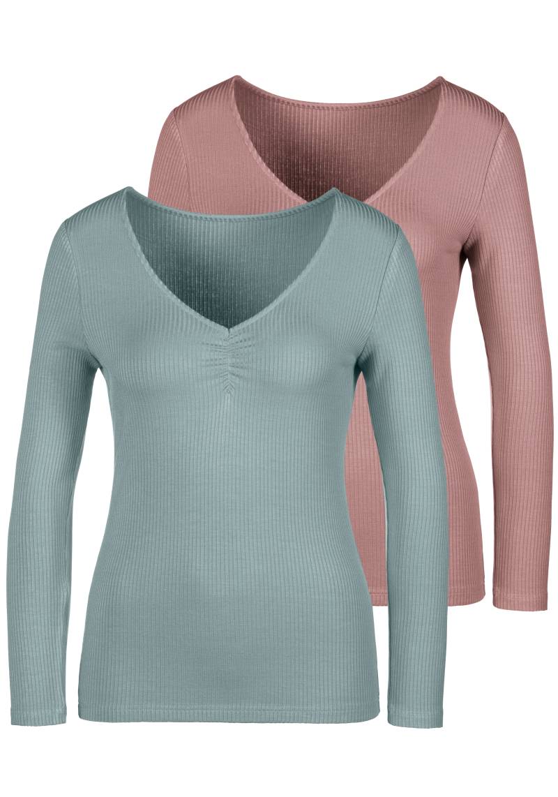 LASCANA Langarmshirt »Rippshirt«, (2er-Pack), mit V-Ausschnitt und kleiner Raffung von Lascana