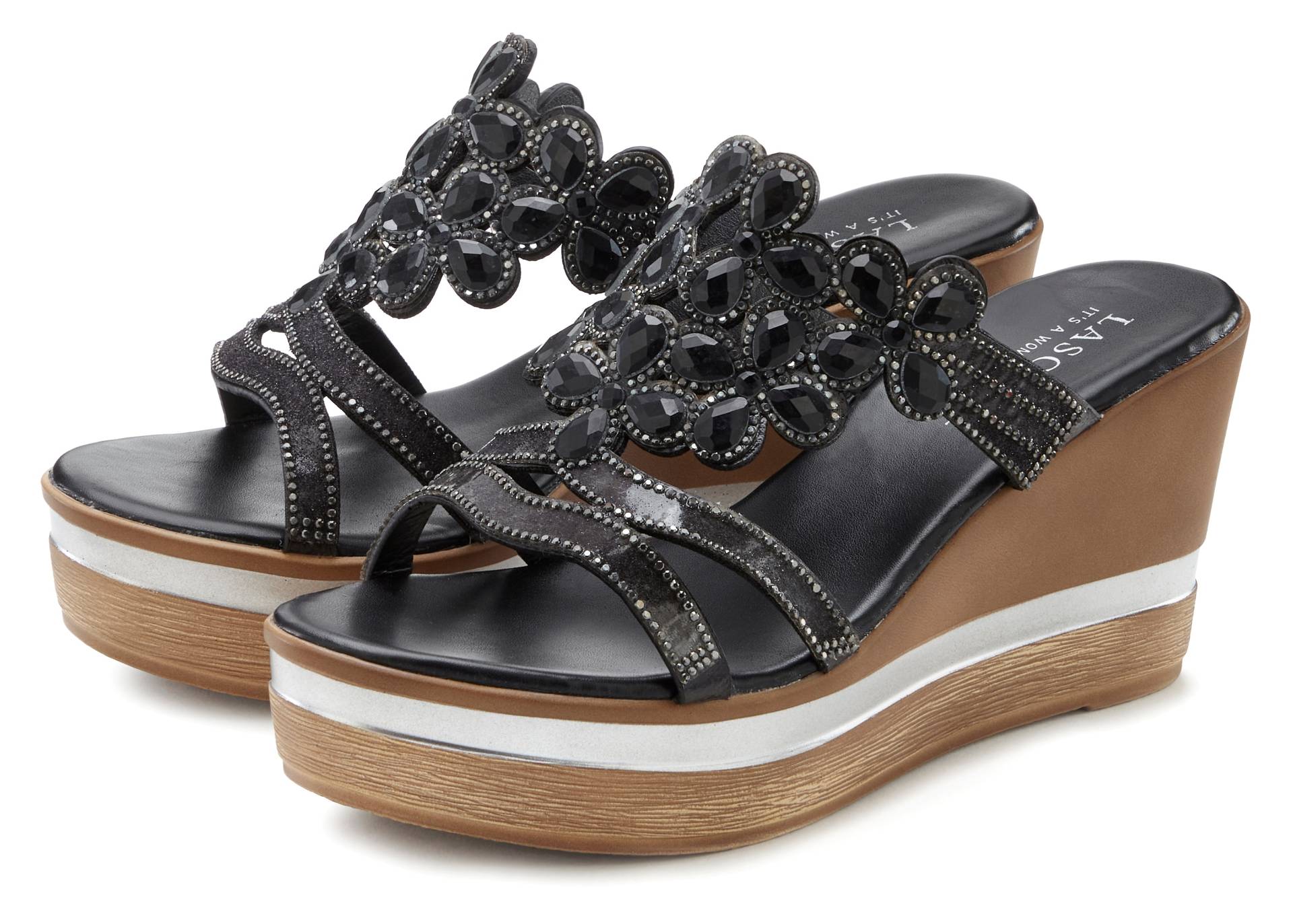 LASCANA Pantolette, Mule, Sandale, offener Schuh mit Keilabsatz und aufwendiger Verzierung LASCANA Pantolette, Mule, Sandale, offener Schuh mit Keilabsatz und aufwendiger Verzierung von Lascana