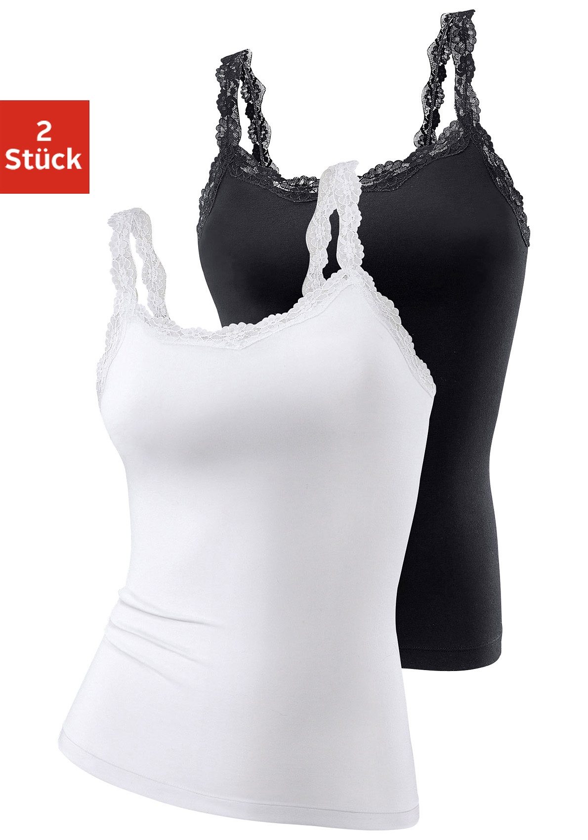 LASCANA Unterhemd, (2er-Pack), aus elastischer Baumwolle mit zarter Spitze, Spaghettiträger-Top LASCANA Unterhemd, (2er-Pack), aus elastischer Baumwolle mit zarter Spitze, Spaghettiträger-Top von Lascana