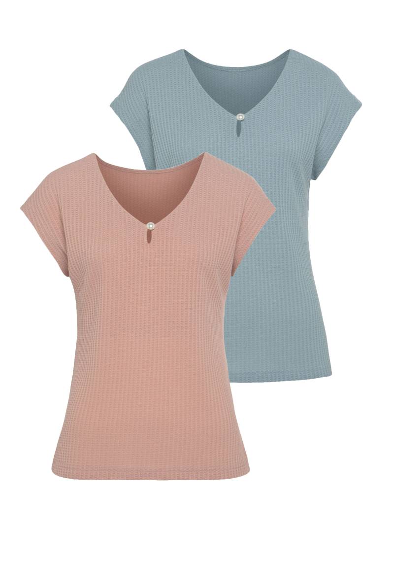 LASCANA Kurzarmshirt »mit Zierperle«, (2er-Pack), aus weicher Piqué-Qualität von Lascana