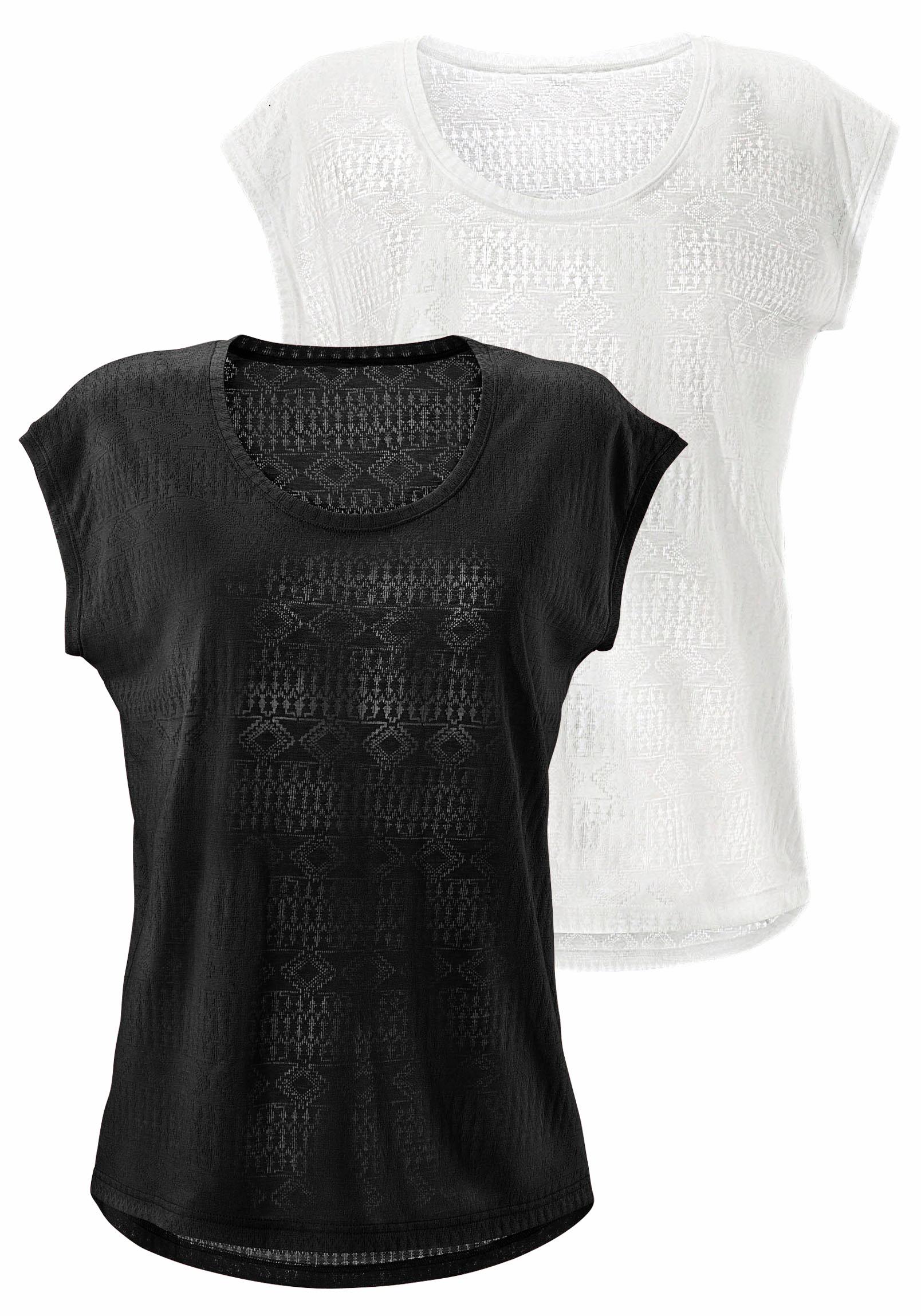 LASCANA T-Shirt, (2er-Pack), Ausbrenner-Qualität mit leicht transparentem Ethno-Design von Lascana