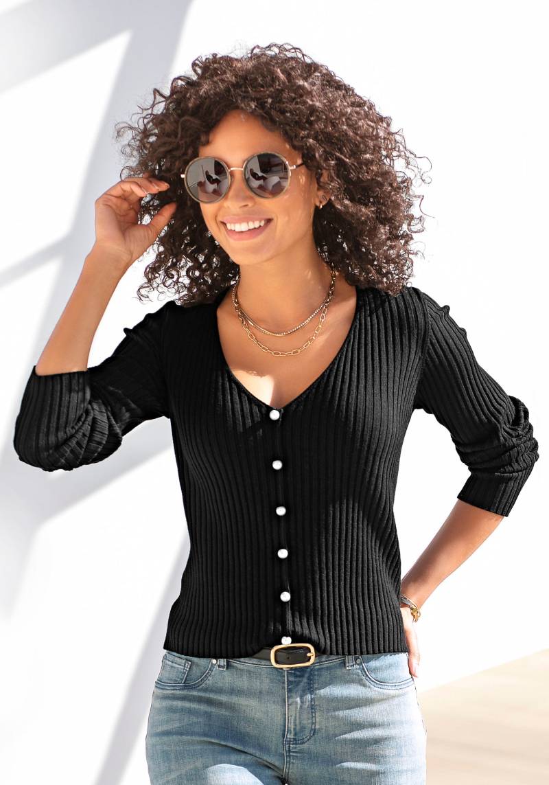 LASCANA V-Ausschnitt-Pullover, mit Zierperlen, figurbetonter Strickpullover, elastisch von Lascana