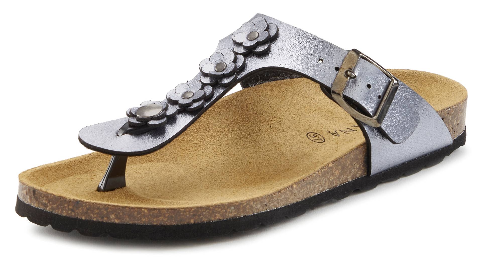 LASCANA Zehentrenner »Sandale, Pantolette, offener Schuh, Sommerschuh,«, mit modischer Applikation und Komfortkorkfussbett aus Leder von Lascana