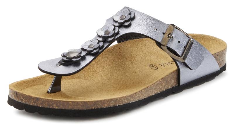 LASCANA Zehentrenner »Sandale, Pantolette, offener Schuh, Sommerschuh,«, mit modischer Applikation und Komfortkorkfussbett aus Leder von Lascana