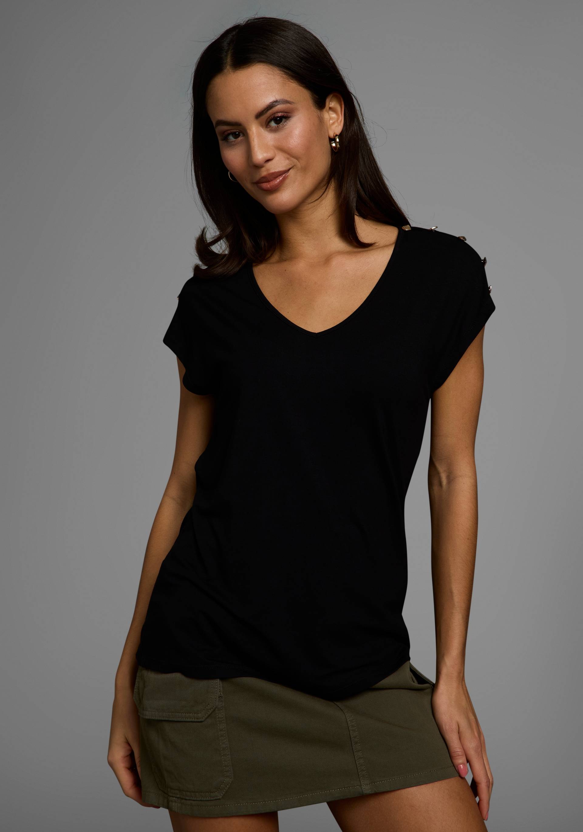 Laura Scott Rundhalsshirt, mit Zierknöpfen & Schlitzen auf der Schulter - NEUE KOLLEKTION von Laura Scott