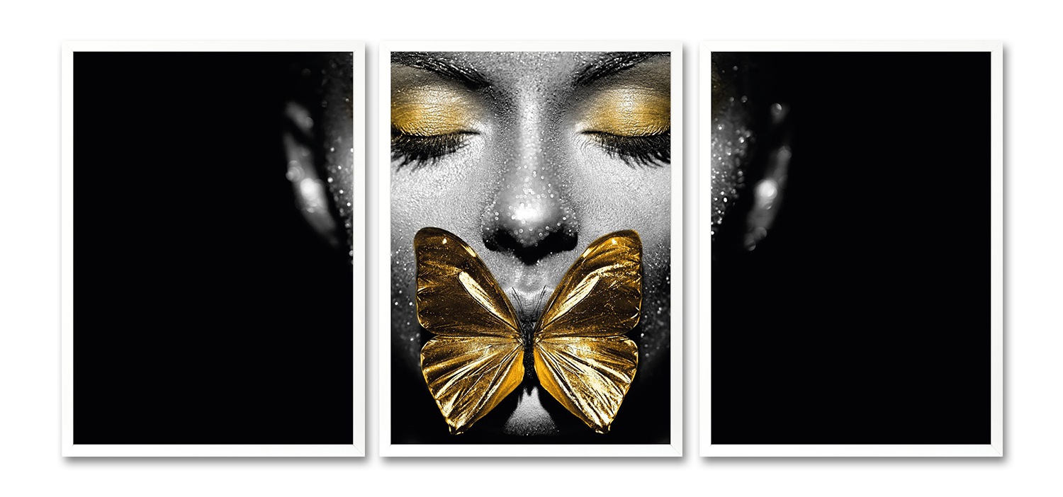 Leonique Bild mit Rahmen »Gesicht Schmetterling Goldfarben - Gerahmter Digitaldruck - Wandbild«, (3er-Set) von Leonique