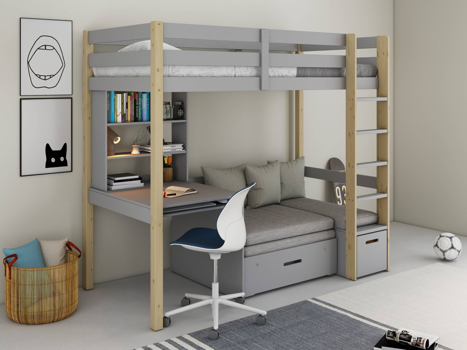 Lüttenhütt Etagenbett »"HENNE" TOPSELLER! Hochbett, Ideal für kleine Räume, 2 Schlafplätze«, (zweiter Schlafplatz ausziehbar, B/H/T ca. 208/180/105cm), mit Polsterauflagen+ Schreibtisch + Stauraum, mehrere Farben von Lüttenhütt