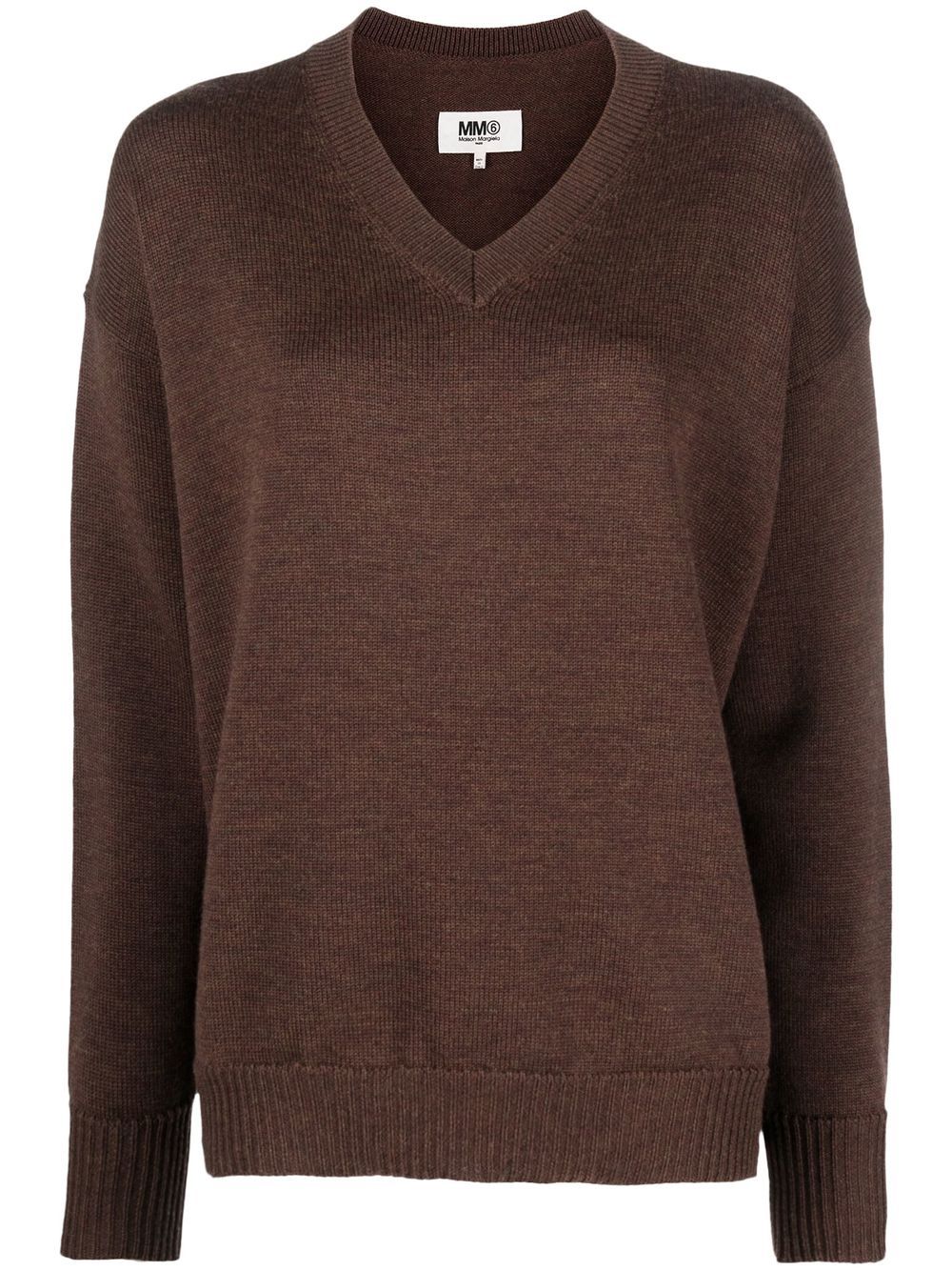 MM6 Maison Margiela V-neck logo-intarsia jumper - Brown von MM6 Maison Margiela