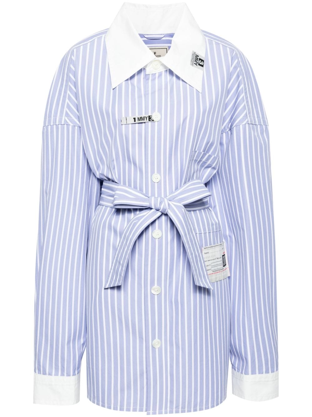 Maison MIHARA YASUHIRO logo-appliqué striped belted shirt - Blue von Maison MIHARA YASUHIRO