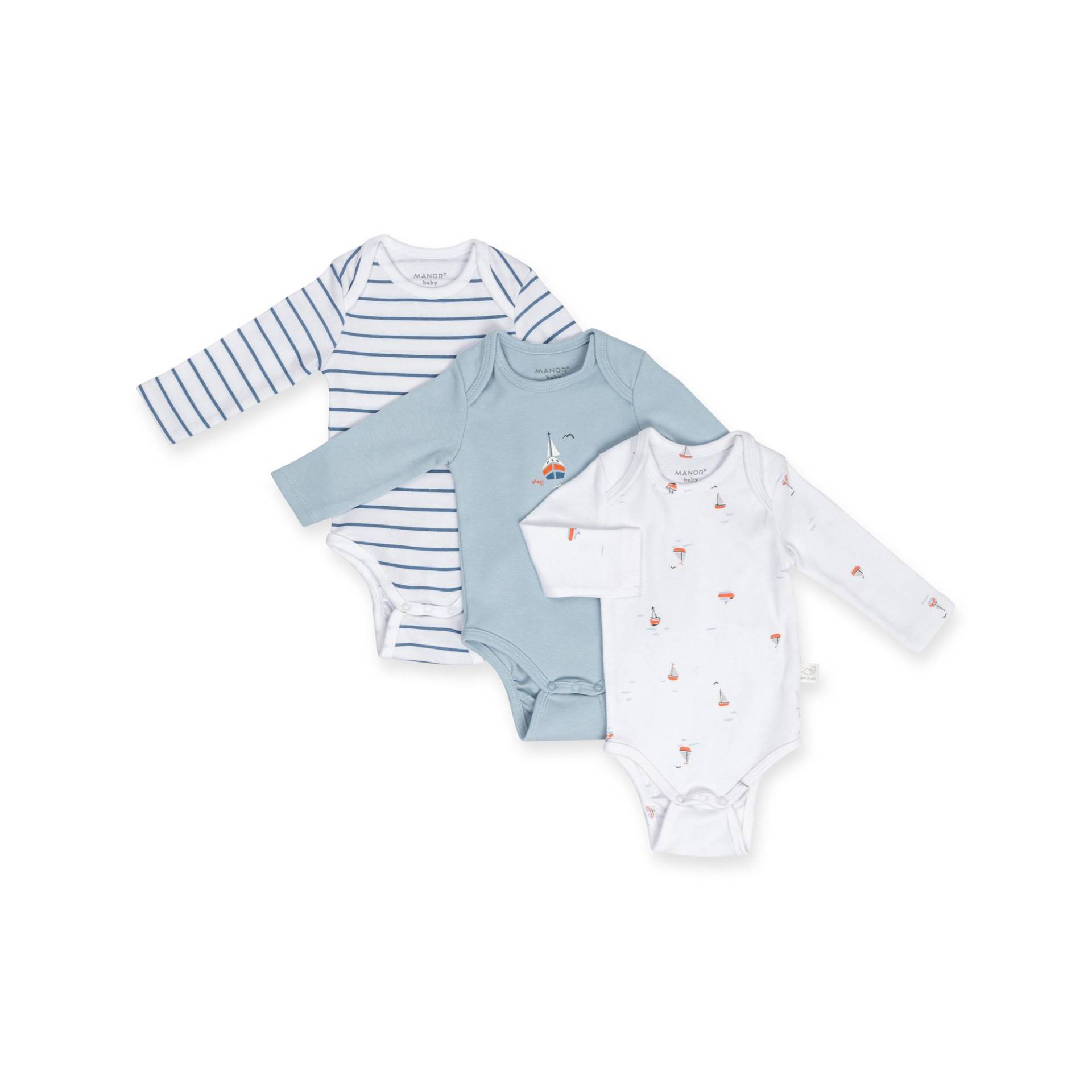 Triopack, Bodys, Langarm Unisex Blau 92 von Manor Baby