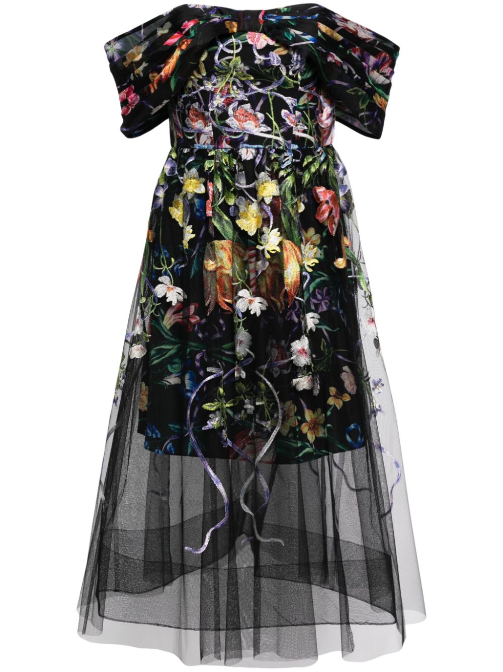 Marchesa Notte Ribbons floral-embroidered midi dress - Black von Marchesa Notte