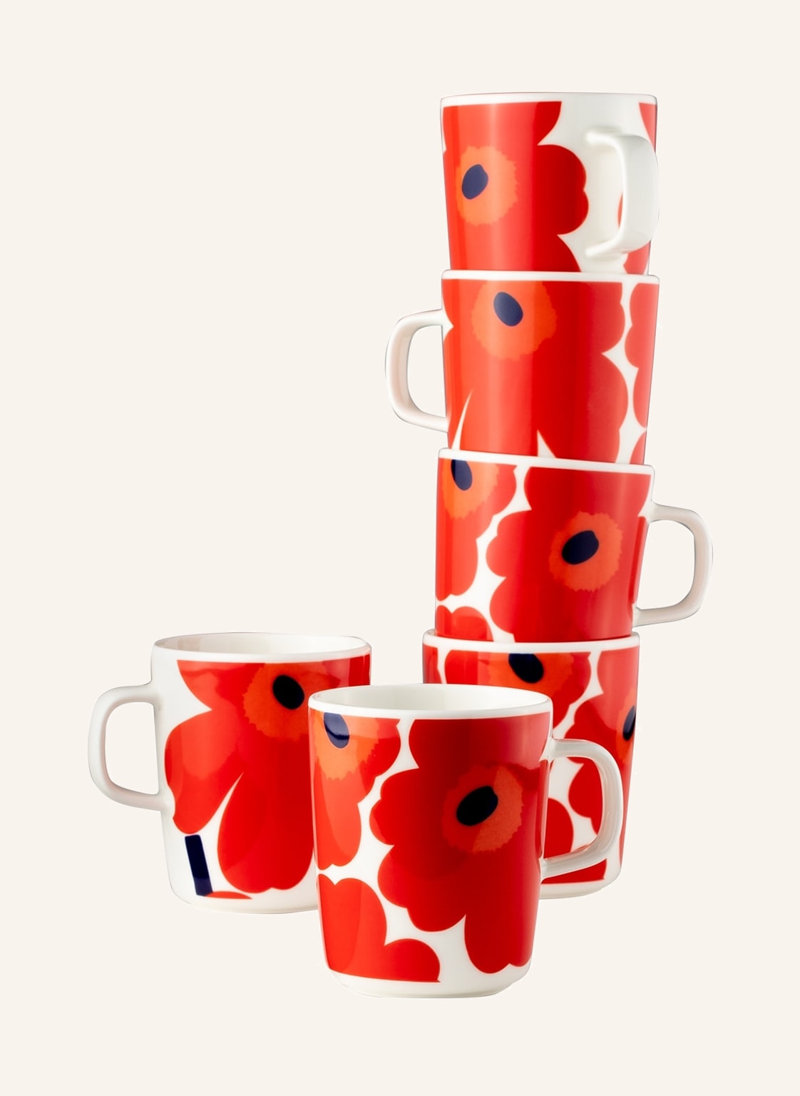 Marimekko 6er-Set Henkelbecher Oiva/Unikko rot von Marimekko