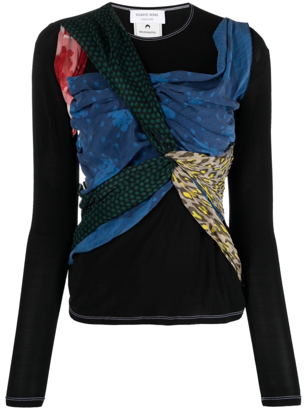 Marine Serre draped scarf-print jersey top - Black von Marine Serre