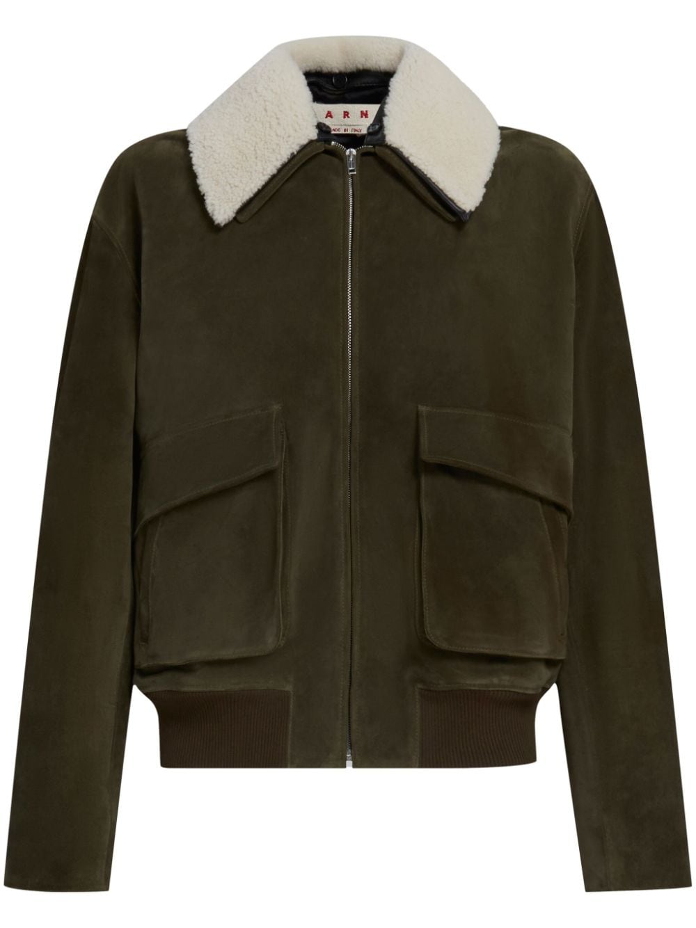 Marni shearling collar zip-up leather jacket - Green von Marni