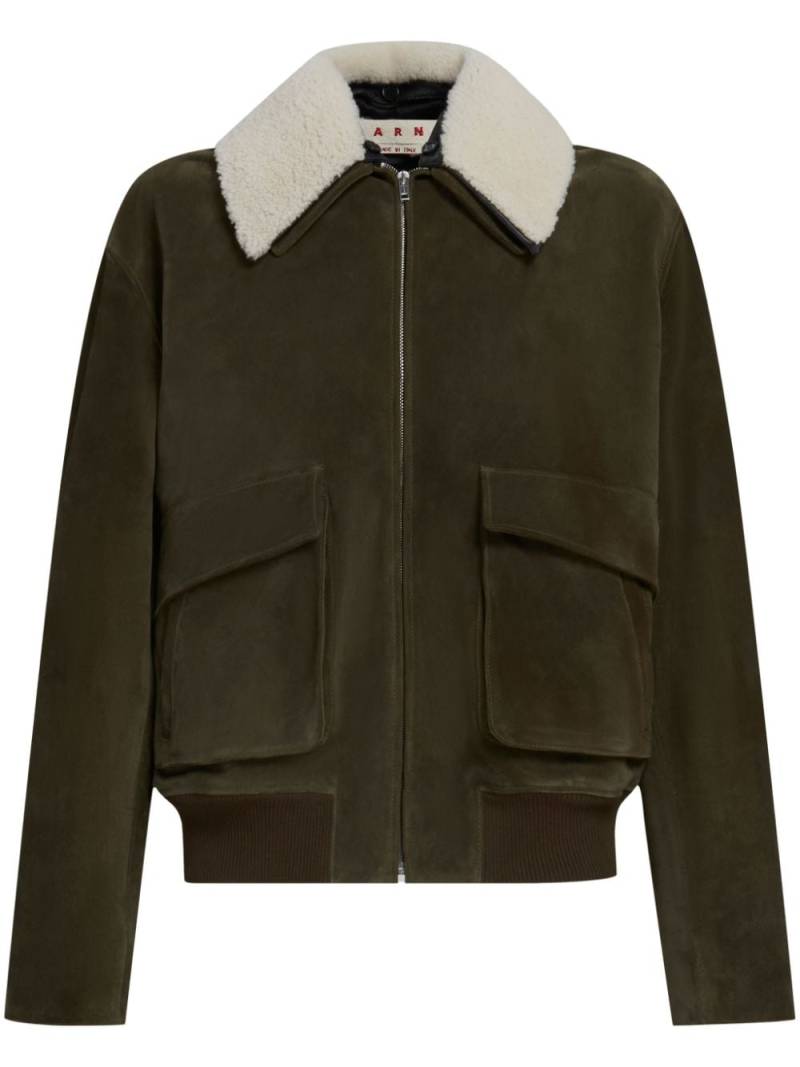 Marni shearling collar zip-up leather jacket - Green von Marni