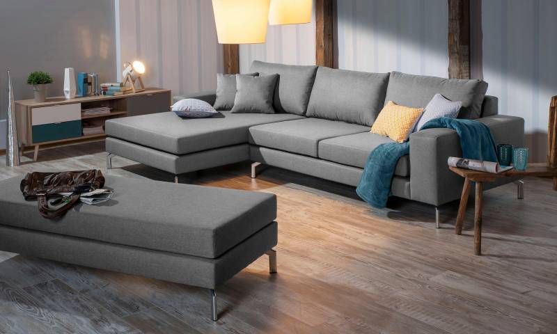 Max Winzer® Ecksofa »Flori Set inkl. Hocker, guter Sitzkomfort, aktuelles Design«, (Spar-Set, Ecksofa und Hocker), elegant mit abgewinkelten Chromfüssen, inklusive Zierkissen von Max Winzer®