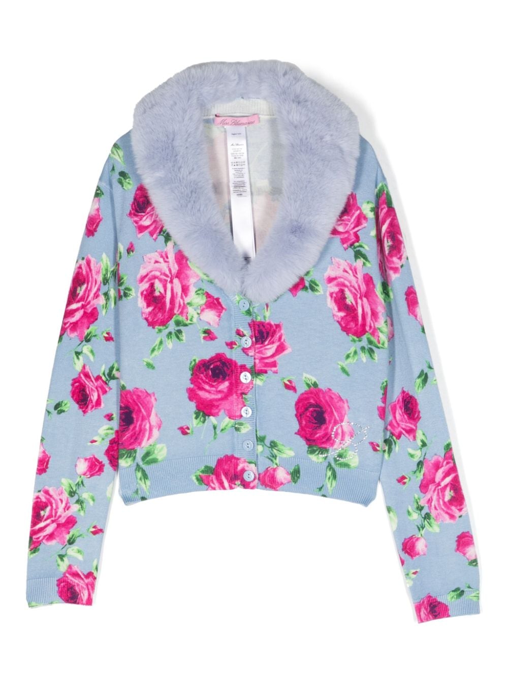 Miss Blumarine faux-fur collar floral intarsia-knit cardigan - Blue von Miss Blumarine