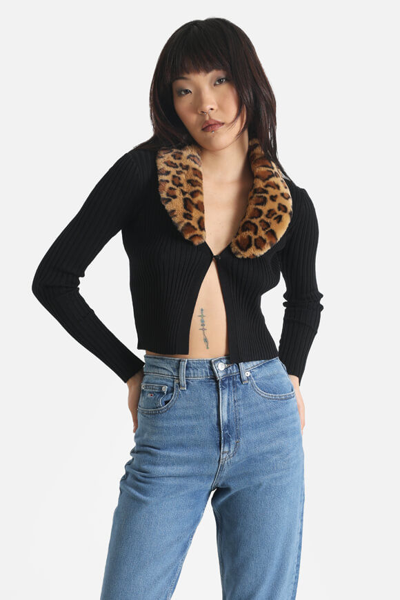 Missue Gerippte Crop Strickjacke | Schwarz + Leo | Damen  | S von Missue