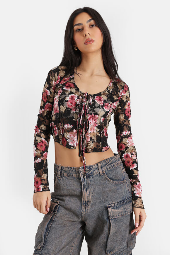 Missue Mesh Crop Bluse | Schwarz + Bordeaux  + Khaki | Damen  | S von Missue