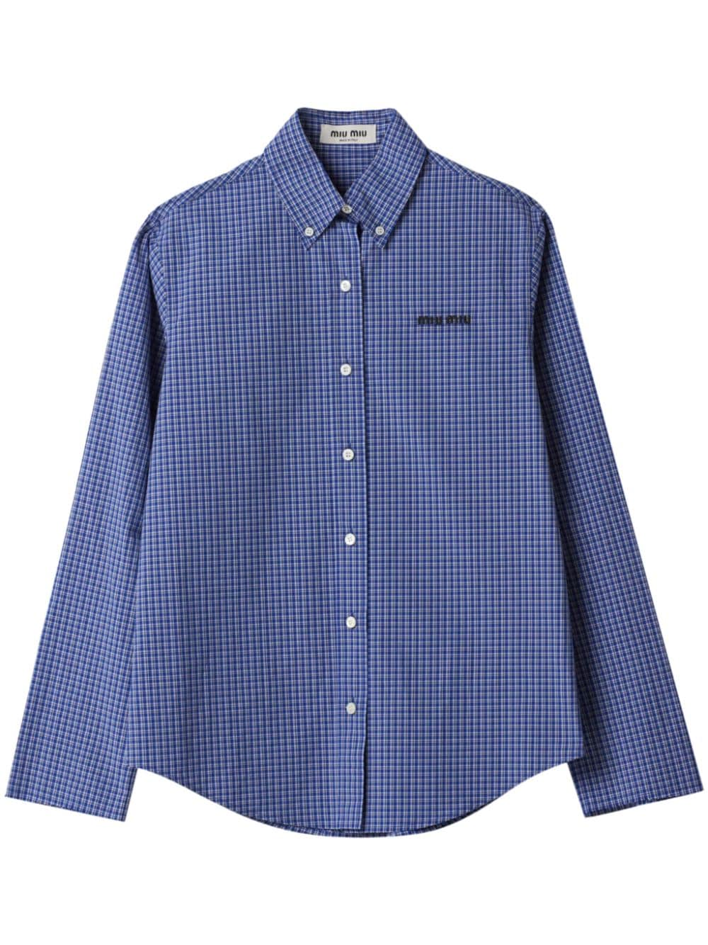 Miu Miu logo-embroidered checked shirt - Blue von Miu Miu