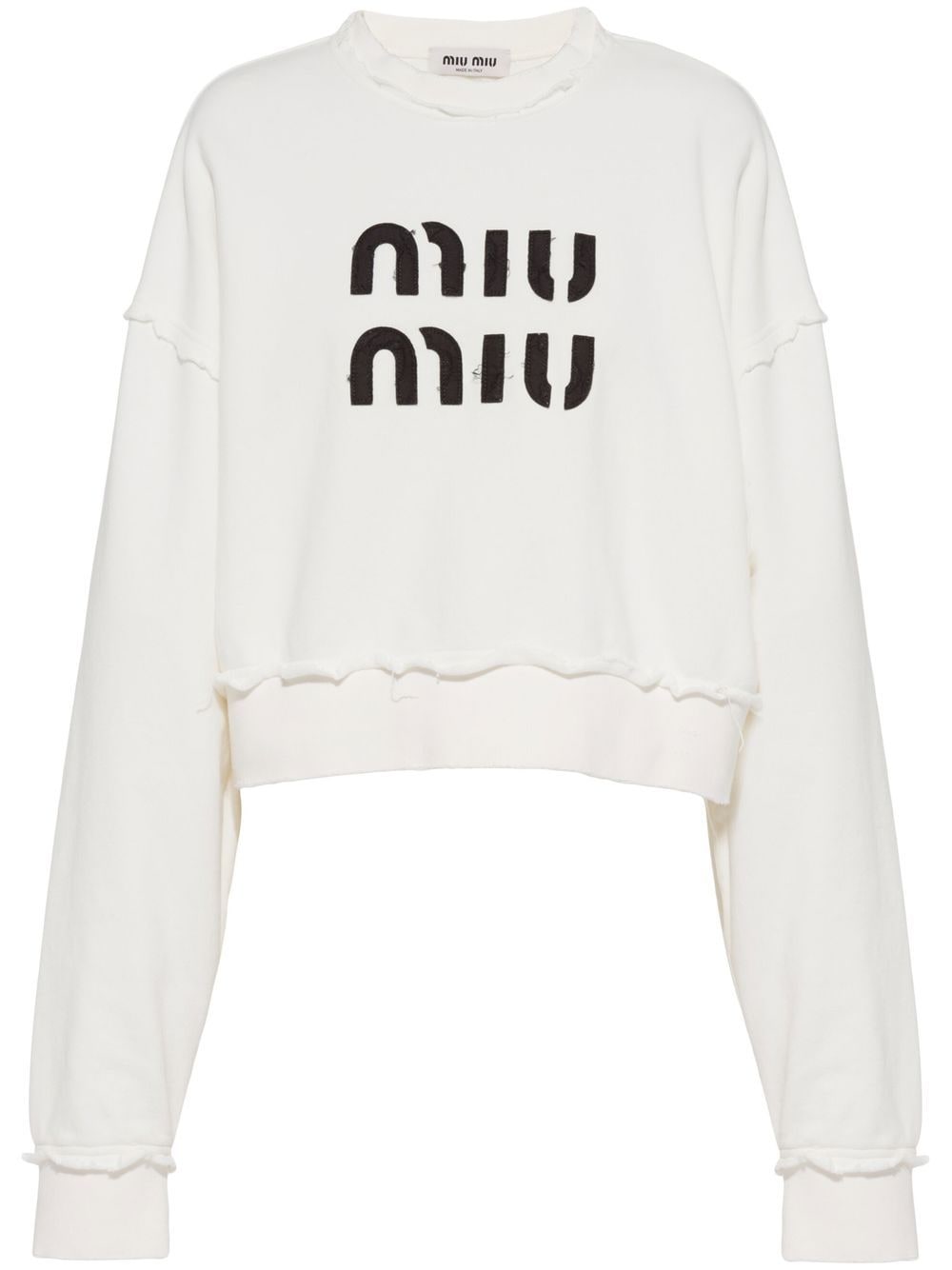 Miu Miu logo-embroidered distressed cotton sweatshirt - White von Miu Miu