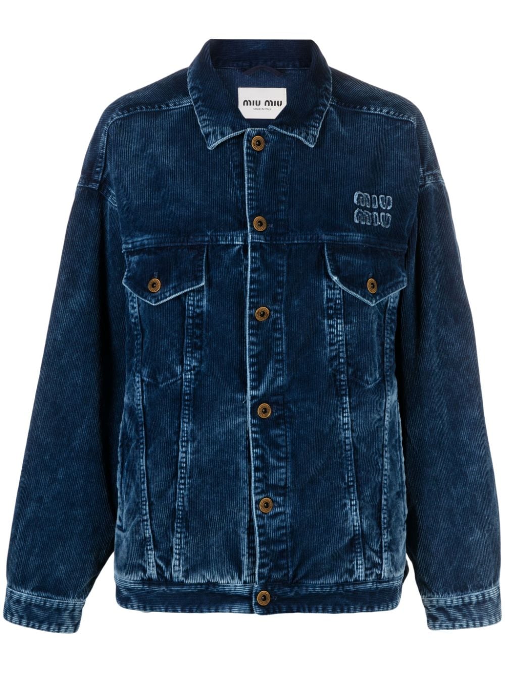 Miu Miu logo-patch corduroy jacket - Blue von Miu Miu