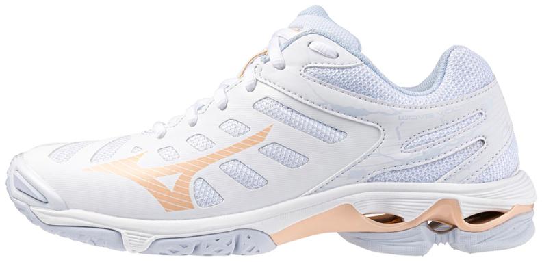 Mizuno Sport Volleyballschuh Wave Voltage W Indoor Women - White/Peach Parfait/Halogen Blue (Grösse: UK 4.5) von Mizuno Sport