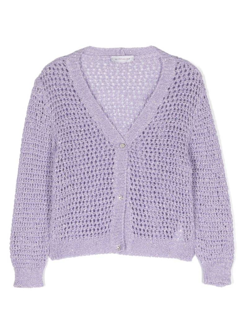 Monnalisa V-neck crochet knit cardigan - Purple von Monnalisa