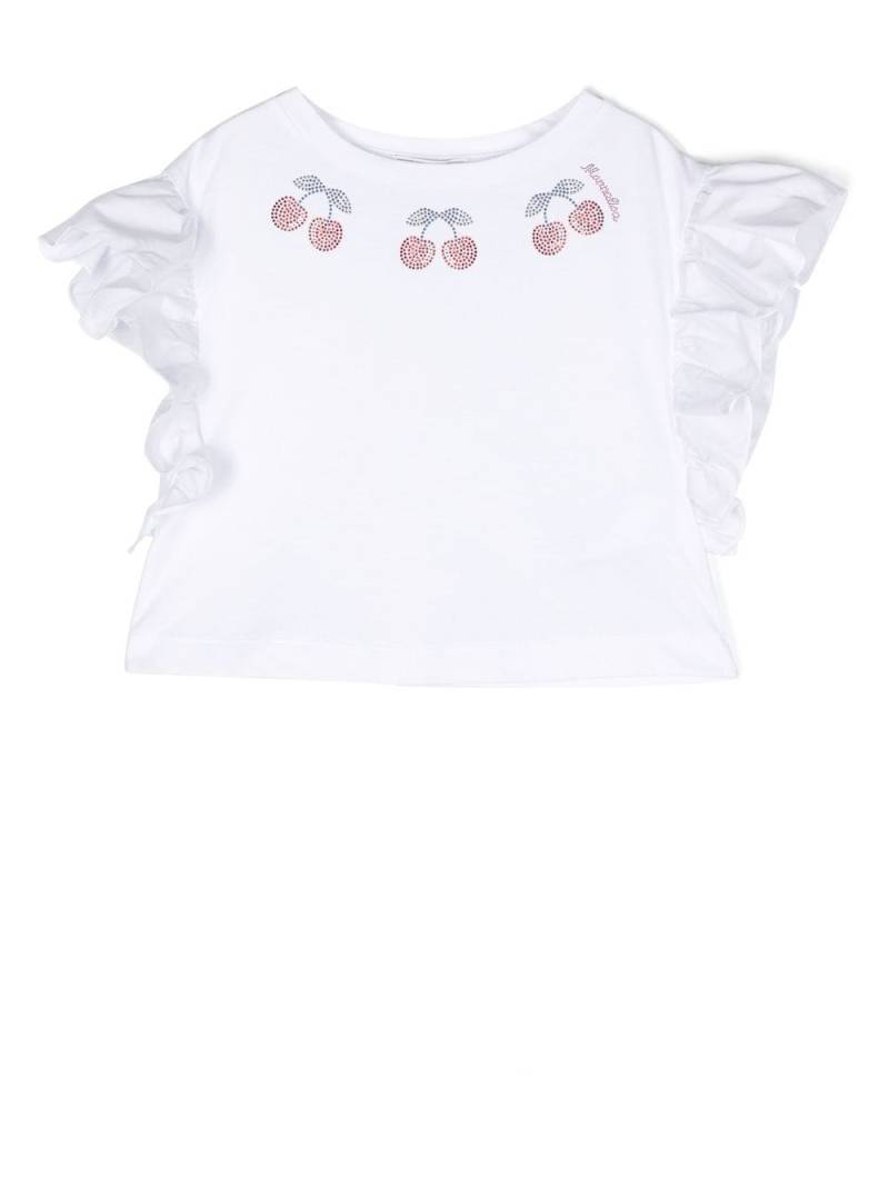 Monnalisa cherry-embellished ruffled T-shirt - White von Monnalisa