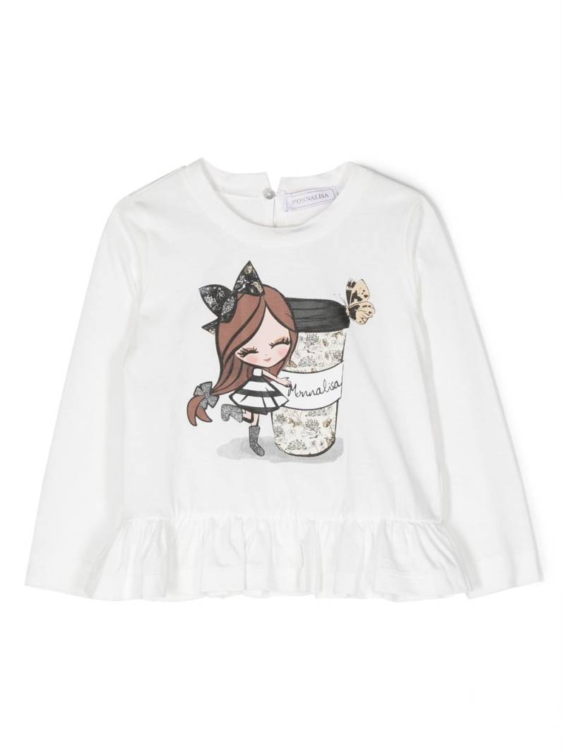 Monnalisa doll-print ruffled T-shirt - White von Monnalisa