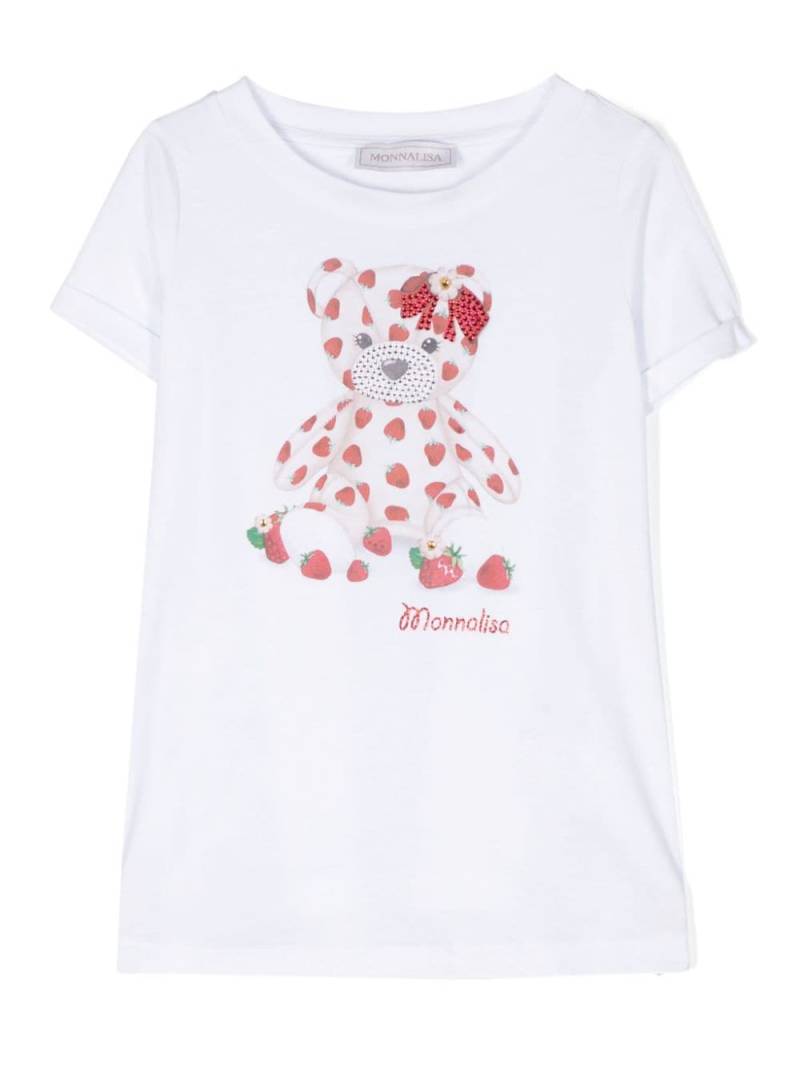 Monnalisa teddy bear-print rhinestone-embellished T-shirt - White von Monnalisa