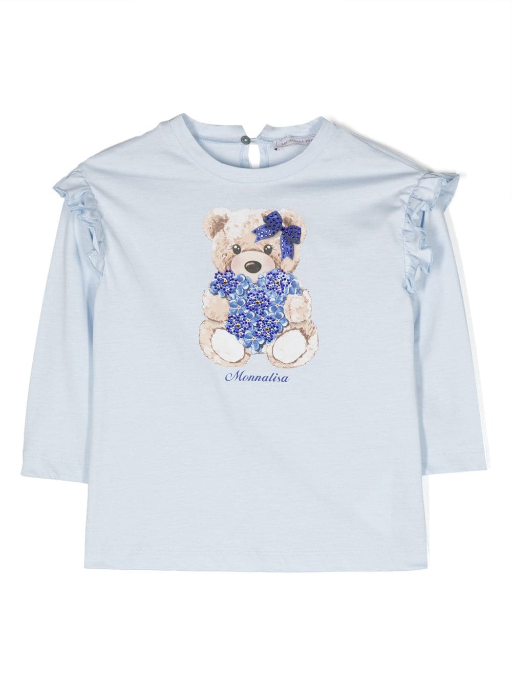 Monnalisa teddy bear-print ruffled T-shirt - Blue von Monnalisa